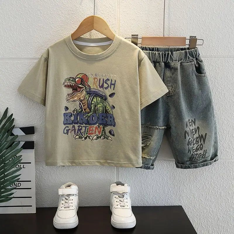 New Boys Sleeveless Vest Denim Shorts 2PC Sets Outdoor Festival Clothing Vintage Print Kids Miracle Design 2-10 Years White Tops - Mom & Kids