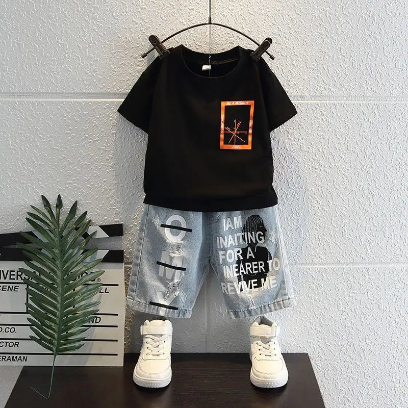 New Boys Sleeveless Vest Denim Shorts 2PC Sets Outdoor Festival Clothing Vintage Print Kids Miracle Design 2-10 Years White Tops - Mom & Kids