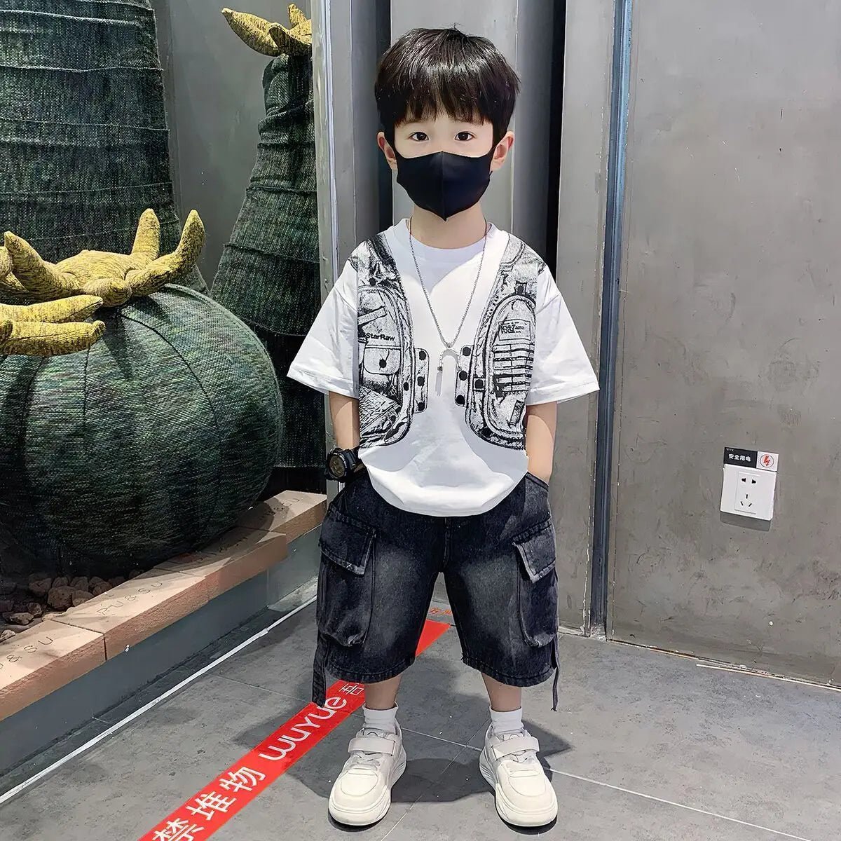 New Boys Sleeveless Vest Denim Shorts 2PC Sets Outdoor Festival Clothing Vintage Print Kids Miracle Design 2-10 Years White Tops - Mom & Kids