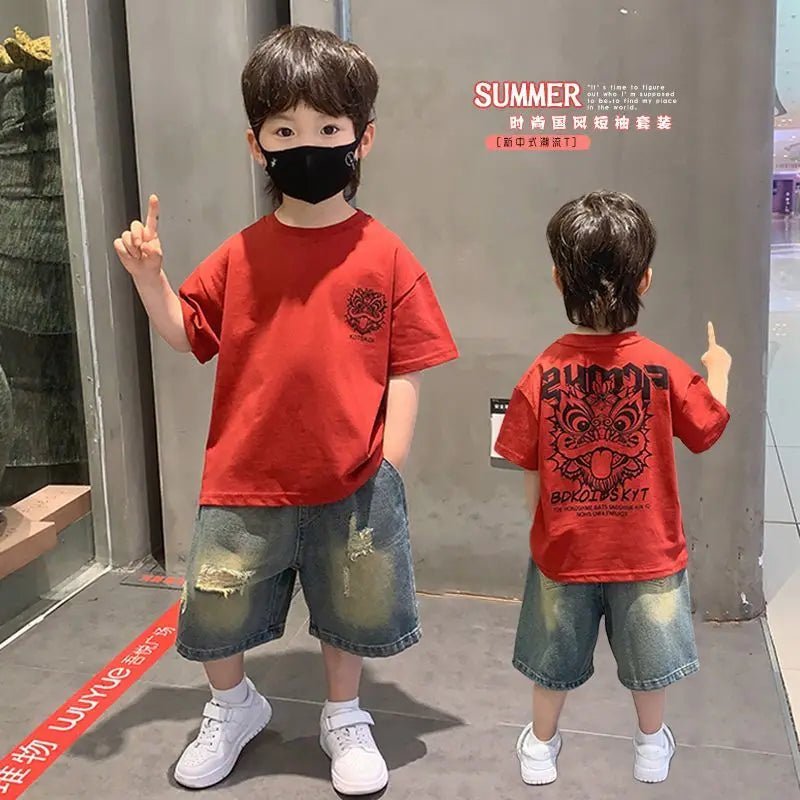 New Boys Sleeveless Vest Denim Shorts 2PC Sets Outdoor Festival Clothing Vintage Print Kids Miracle Design 2-10 Years White Tops - Mom & Kids