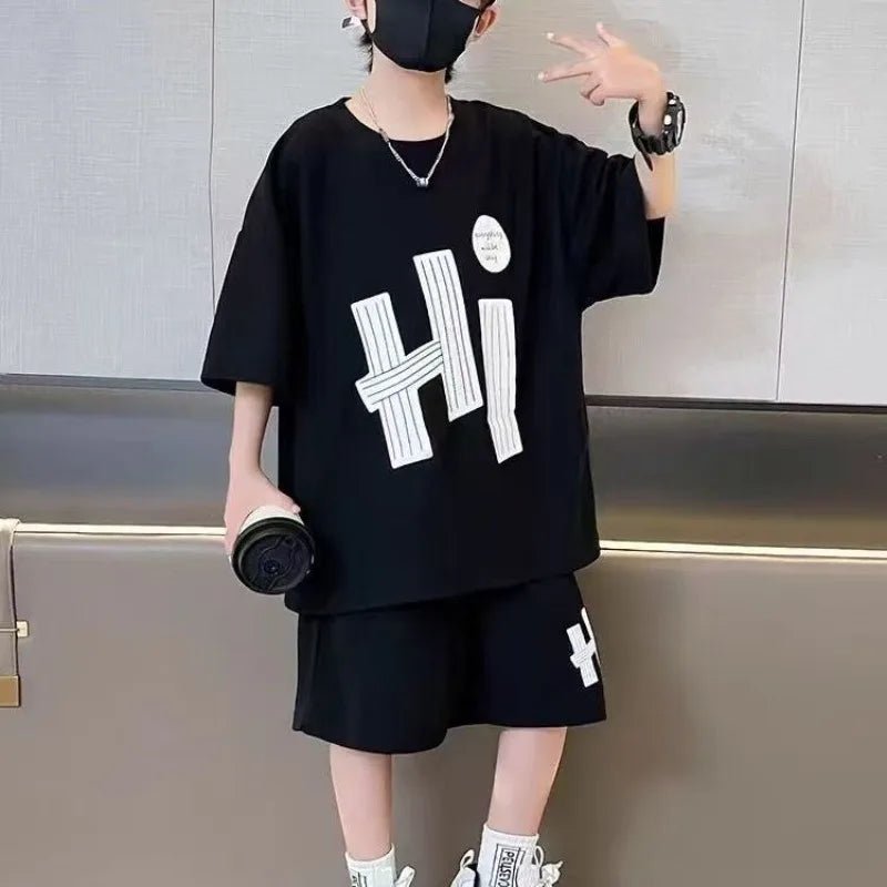 New Boys Sport Clothing Sets Summer Big Kids Loose Clothes Suit Short Sleeve Tops+Shorts 2Pcs Children Fashion Handsome Outfits - Mom & Kids