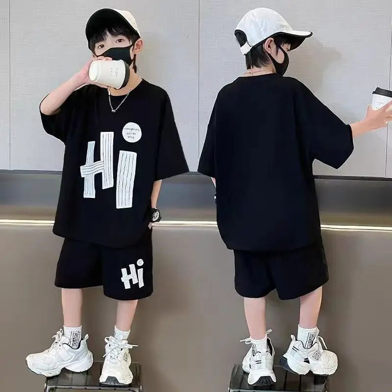 New Boys Sport Clothing Sets Summer Big Kids Loose Clothes Suit Short Sleeve Tops+Shorts 2Pcs Children Fashion Handsome Outfits - Mom & Kids