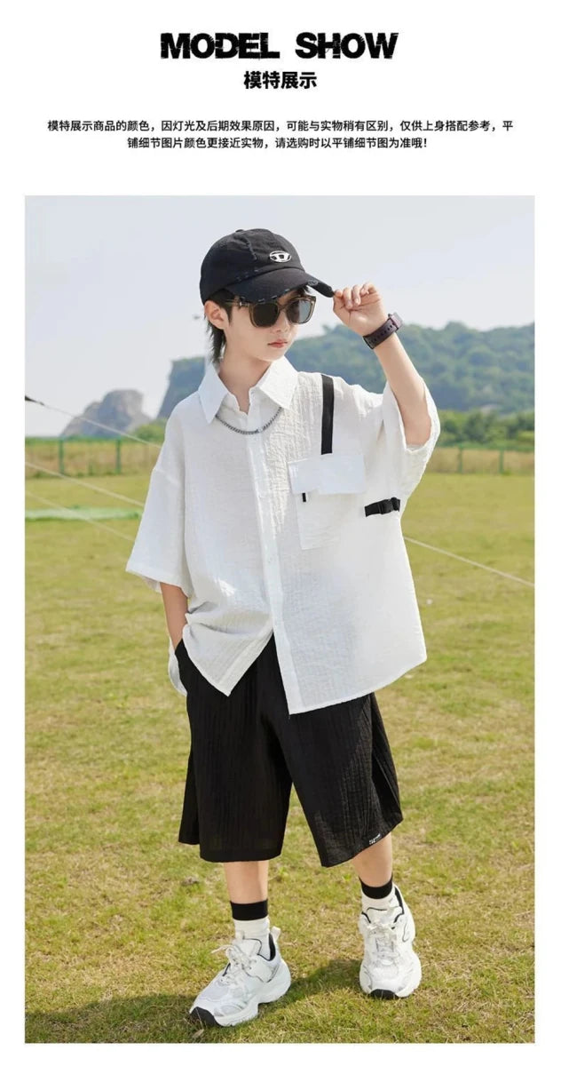 New Children Summer Thin Short Sleeved Shirt Shorts Two Piece Set Children Stylish Clothing Trend - Mom & Kids