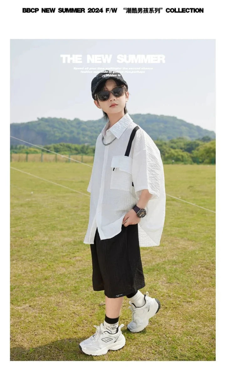 New Children Summer Thin Short Sleeved Shirt Shorts Two Piece Set Children Stylish Clothing Trend - Mom & Kids
