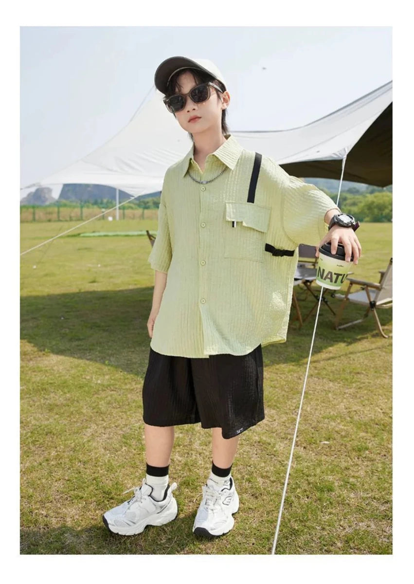 New Children Summer Thin Short Sleeved Shirt Shorts Two Piece Set Children Stylish Clothing Trend - Mom & Kids