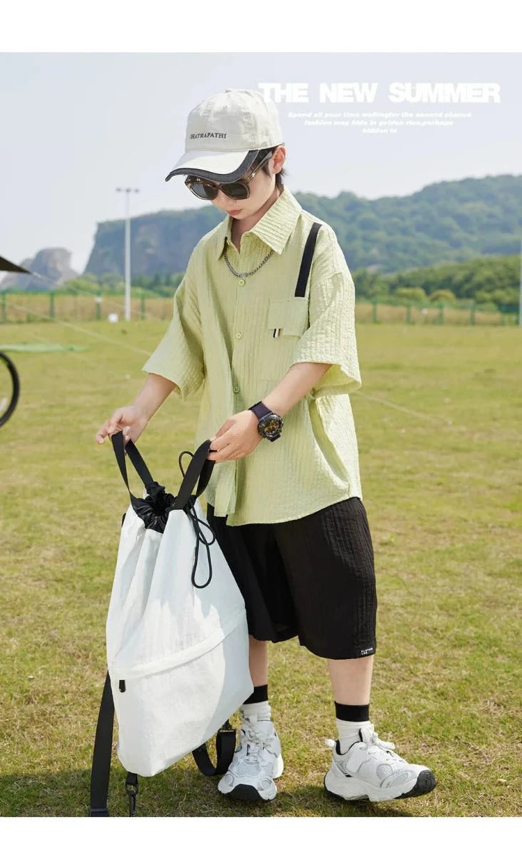 New Children Summer Thin Short Sleeved Shirt Shorts Two Piece Set Children Stylish Clothing Trend - Mom & Kids