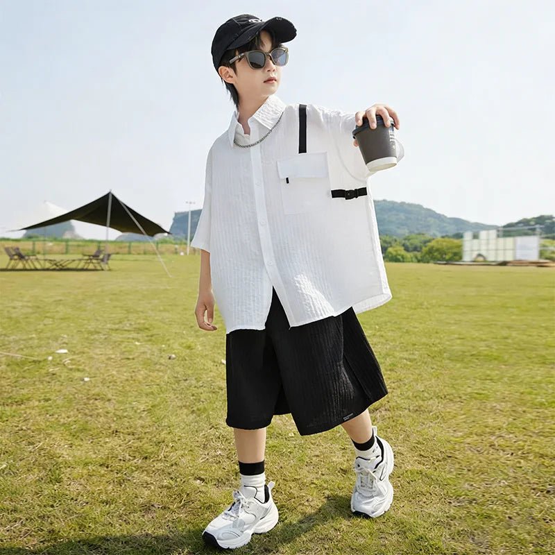 New Children Summer Thin Short Sleeved Shirt Shorts Two Piece Set Children Stylish Clothing Trend - Mom & Kids