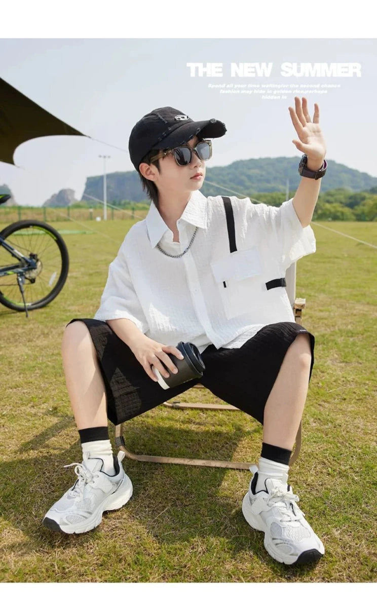 New Children Summer Thin Short Sleeved Shirt Shorts Two Piece Set Children Stylish Clothing Trend - Mom & Kids