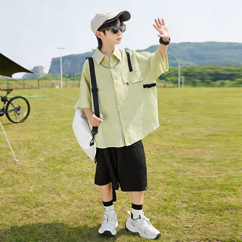 New Children Summer Thin Short Sleeved Shirt Shorts Two Piece Set Children Stylish Clothing Trend - Mom & Kids