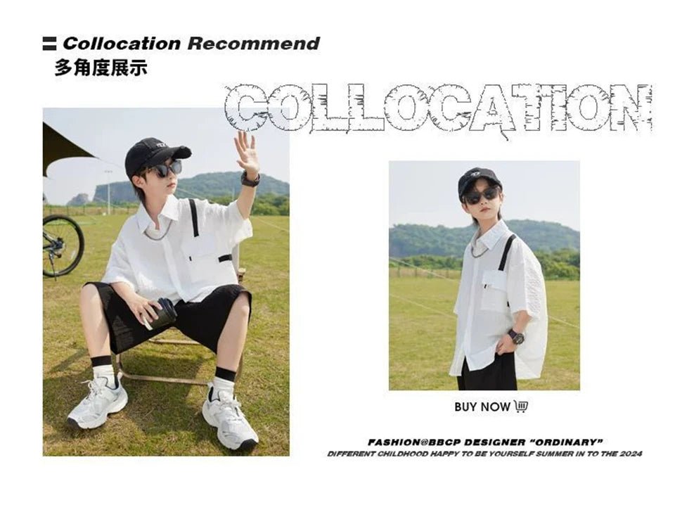 New Children Summer Thin Short Sleeved Shirt Shorts Two Piece Set Children Stylish Clothing Trend - Mom & Kids