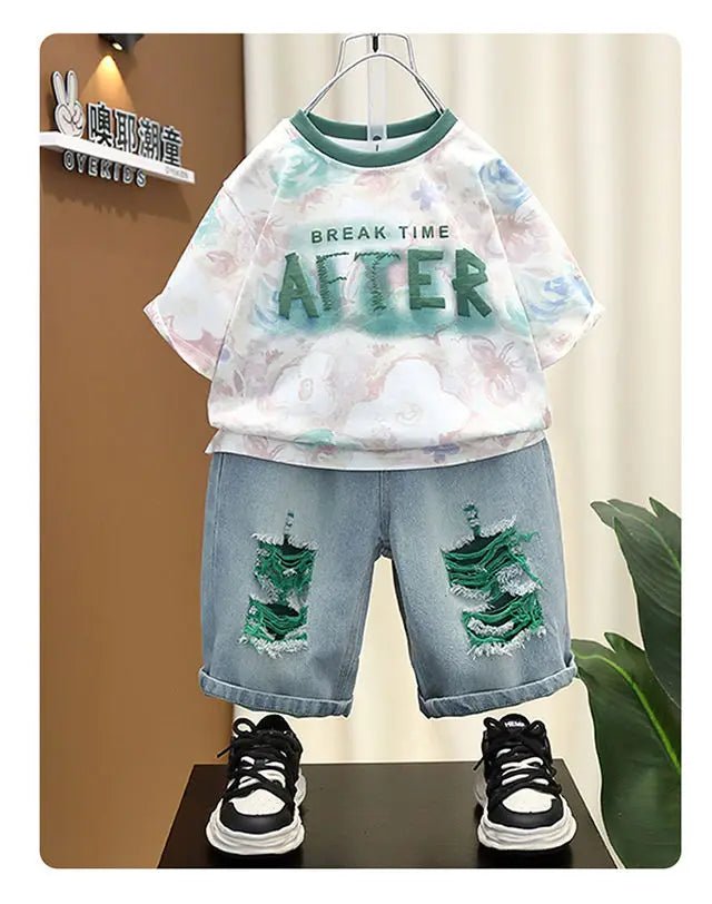 New Children's Printed Thin T-shirt+ hole Denim Shorts Teenager Boys Summer Fashion outfits - Mom & Kids
