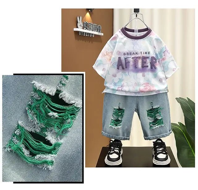 New Children's Printed Thin T-shirt+ hole Denim Shorts Teenager Boys Summer Fashion outfits - Mom & Kids