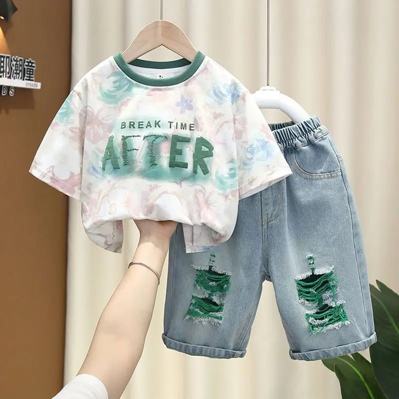 New Children's Printed Thin T-shirt+ hole Denim Shorts Teenager Boys Summer Fashion outfits - Mom & Kids