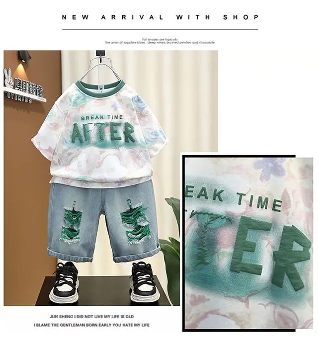 New Children's Printed Thin T-shirt+ hole Denim Shorts Teenager Boys Summer Fashion outfits - Mom & Kids