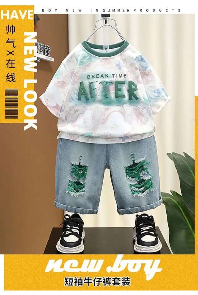 New Children's Printed Thin T-shirt+ hole Denim Shorts Teenager Boys Summer Fashion outfits - Mom & Kids