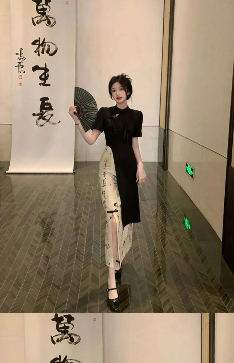 New Chinese Style High Grade Irregular Calligraphy Half Body Dress Fashion Qipao Two Piece Set Skirt Women's Summer Hanfu Suit - Mom & Kids