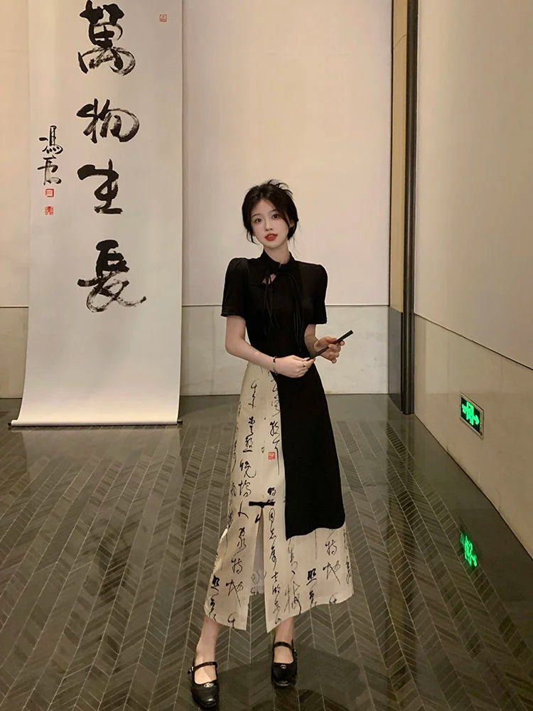 New Chinese Style High Grade Irregular Calligraphy Half Body Dress Fashion Qipao Two Piece Set Skirt Women's Summer Hanfu Suit - Mom & Kids