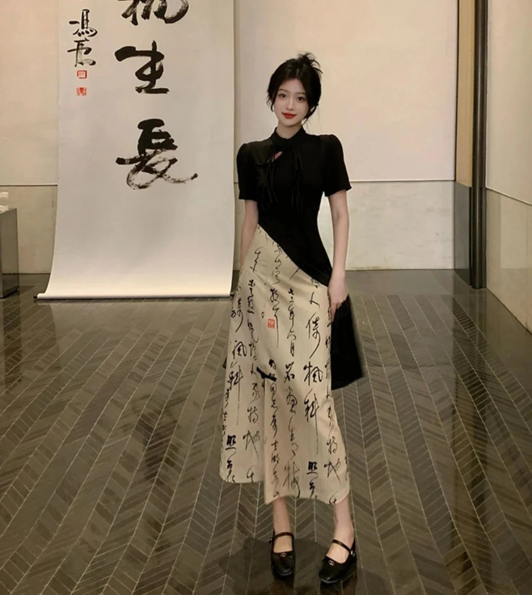 New Chinese Style High Grade Irregular Calligraphy Half Body Dress Fashion Qipao Two Piece Set Skirt Women's Summer Hanfu Suit - Mom & Kids