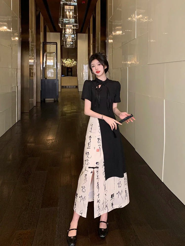 New Chinese Style High Grade Irregular Calligraphy Half Body Dress Fashion Qipao Two Piece Set Skirt Women's Summer Hanfu Suit - Mom & Kids