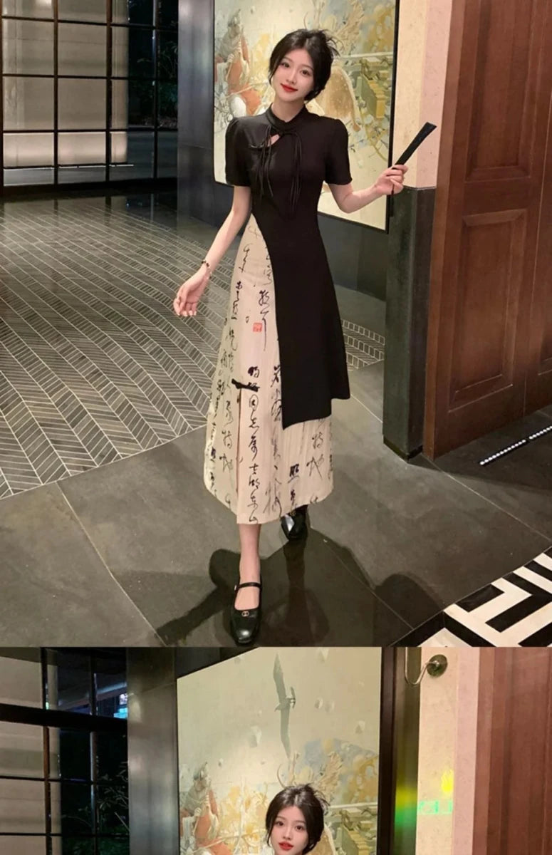 New Chinese Style High Grade Irregular Calligraphy Half Body Dress Fashion Qipao Two Piece Set Skirt Women's Summer Hanfu Suit - Mom & Kids