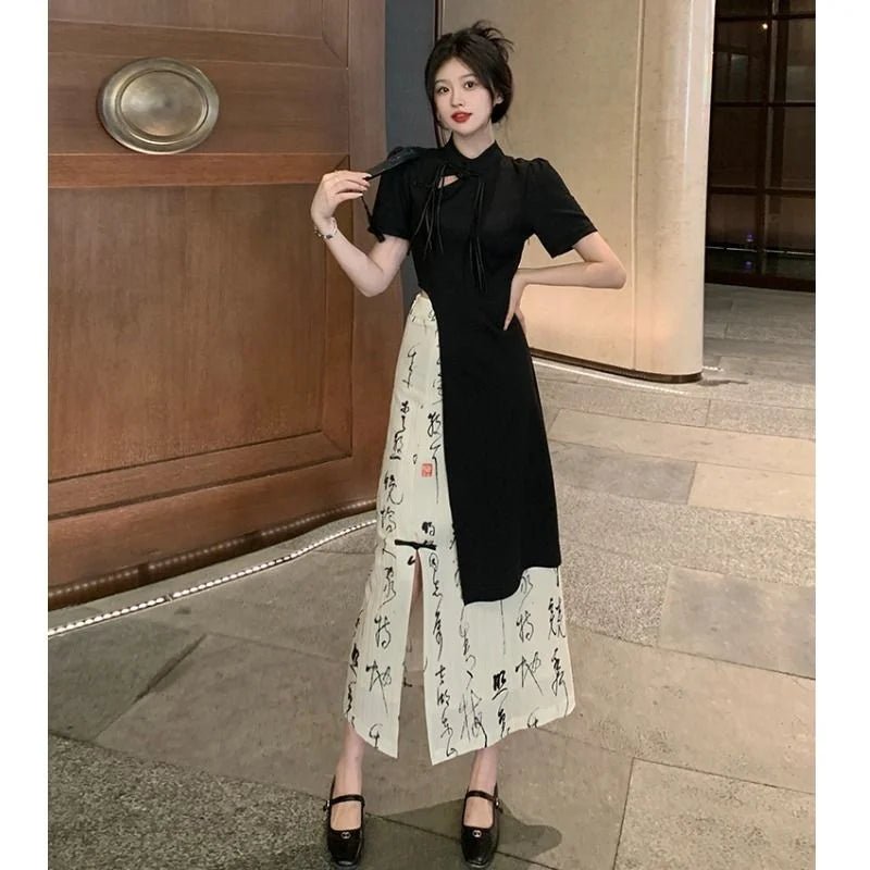 New Chinese Style High Grade Irregular Calligraphy Half Body Dress Fashion Qipao Two Piece Set Skirt Women's Summer Hanfu Suit - Mom & Kids