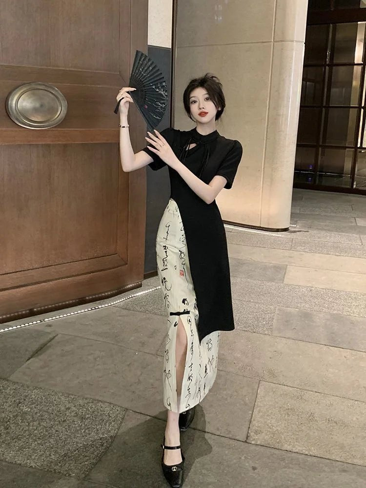 New Chinese Style High Grade Irregular Calligraphy Half Body Dress Fashion Qipao Two Piece Set Skirt Women's Summer Hanfu Suit - Mom & Kids