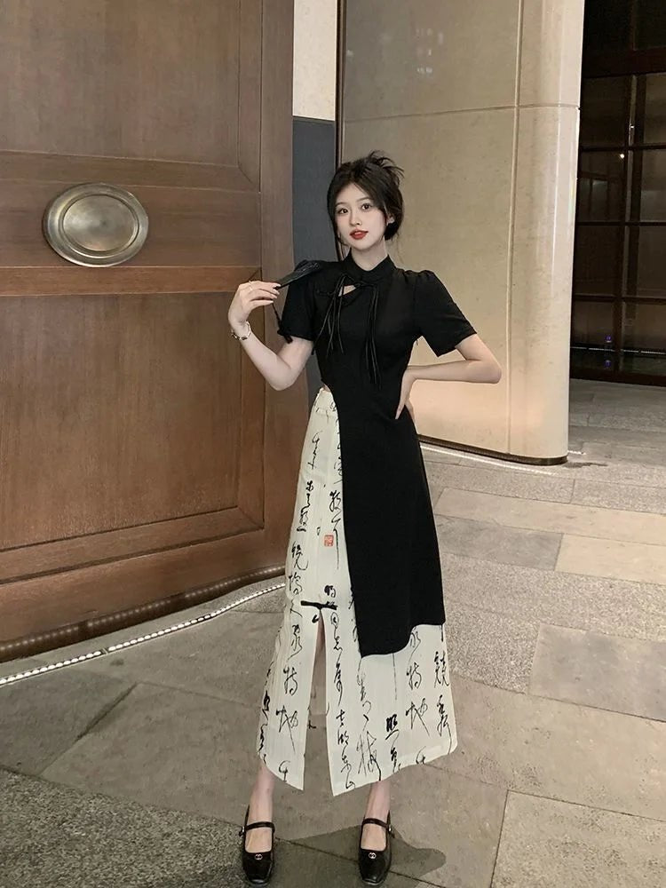 New Chinese Style High Grade Irregular Calligraphy Half Body Dress Fashion Qipao Two Piece Set Skirt Women's Summer Hanfu Suit - Mom & Kids