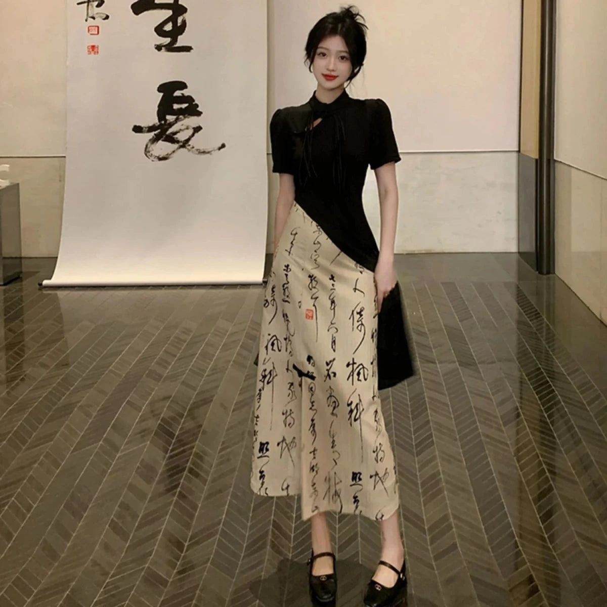 New Chinese Style High Grade Irregular Calligraphy Half Body Dress Fashion Qipao Two Piece Set Skirt Women's Summer Hanfu Suit - Mom & Kids