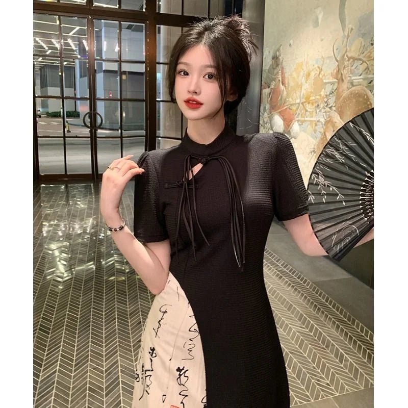 New Chinese Style High Grade Irregular Calligraphy Half Body Dress Fashion Qipao Two Piece Set Skirt Women's Summer Hanfu Suit - Mom & Kids