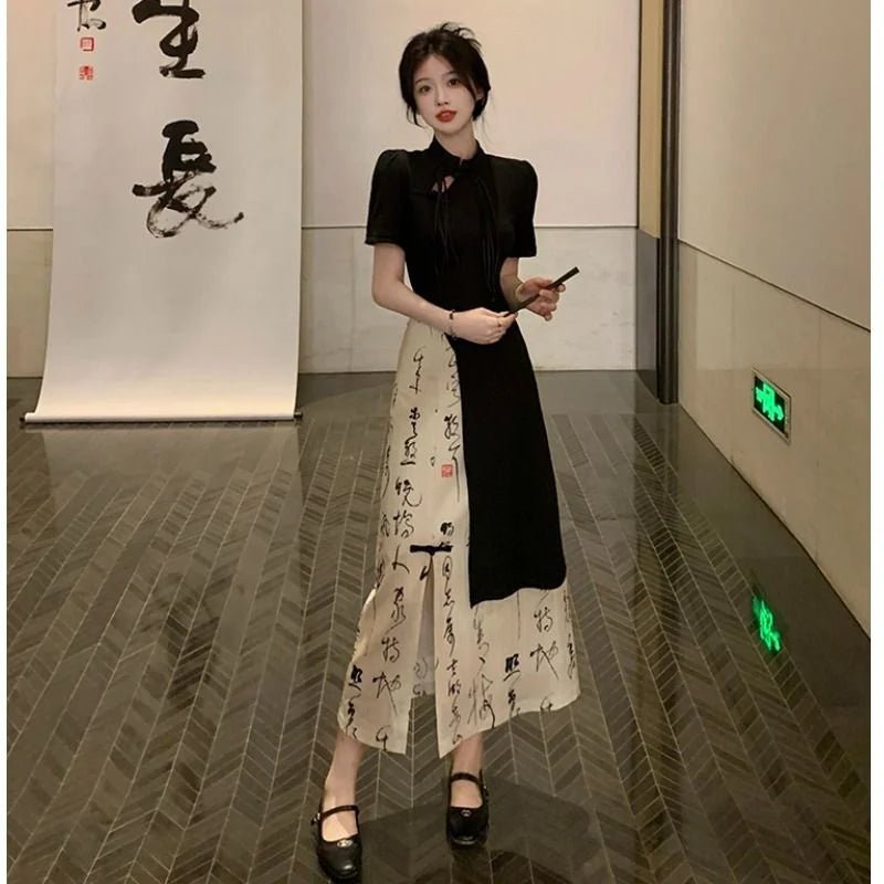 New Chinese Style High Grade Irregular Calligraphy Half Body Dress Fashion Qipao Two Piece Set Skirt Women's Summer Hanfu Suit - Mom & Kids