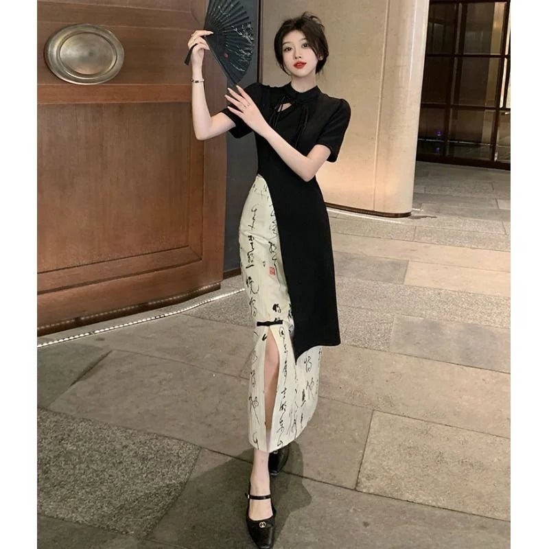 New Chinese Style High Grade Irregular Calligraphy Half Body Dress Fashion Qipao Two Piece Set Skirt Women's Summer Hanfu Suit - Mom & Kids