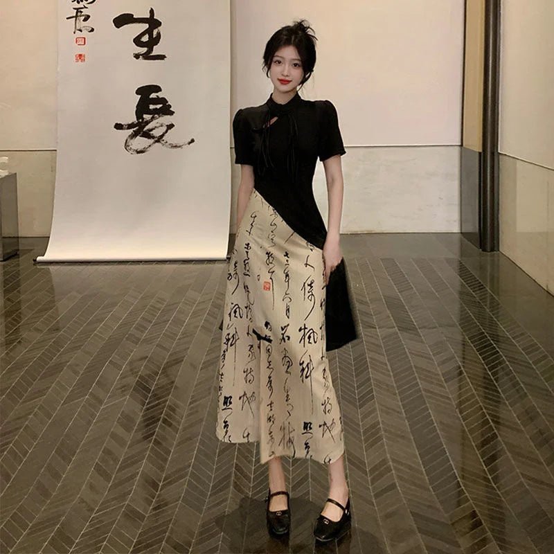 New Chinese Style High Grade Irregular Calligraphy Half Body Dress Fashion Qipao Two Piece Set Skirt Women's Summer Hanfu Suit - Mom & Kids