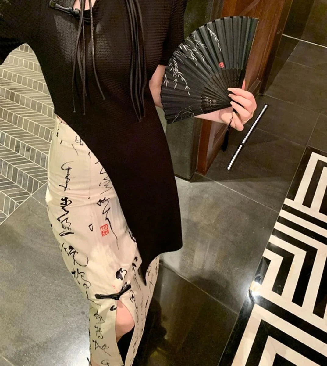 New Chinese Style High Grade Irregular Calligraphy Half Body Dress Fashion Qipao Two Piece Set Skirt Women's Summer Hanfu Suit - Mom & Kids