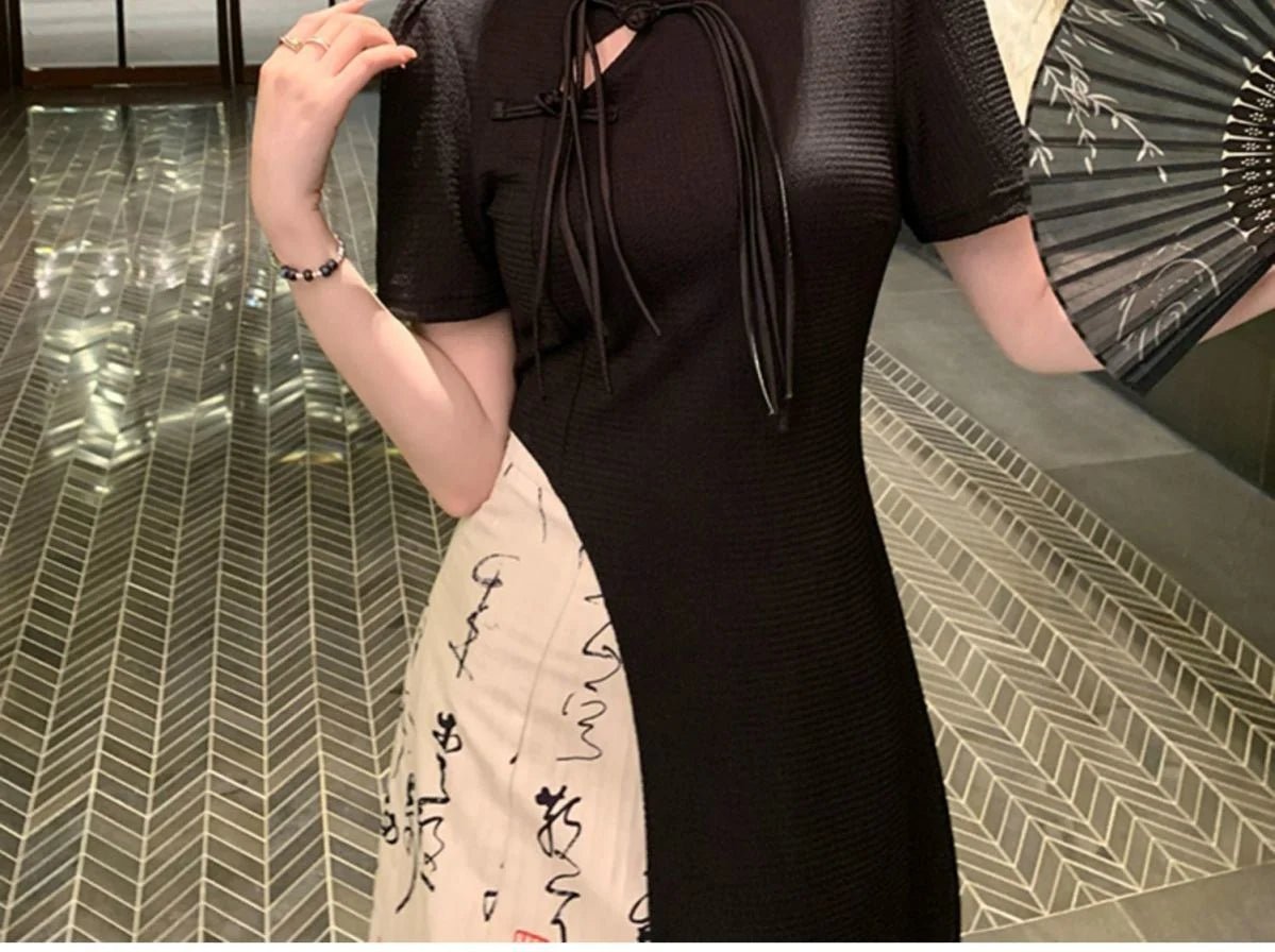 New Chinese Style High Grade Irregular Calligraphy Half Body Dress Fashion Qipao Two Piece Set Skirt Women's Summer Hanfu Suit - Mom & Kids