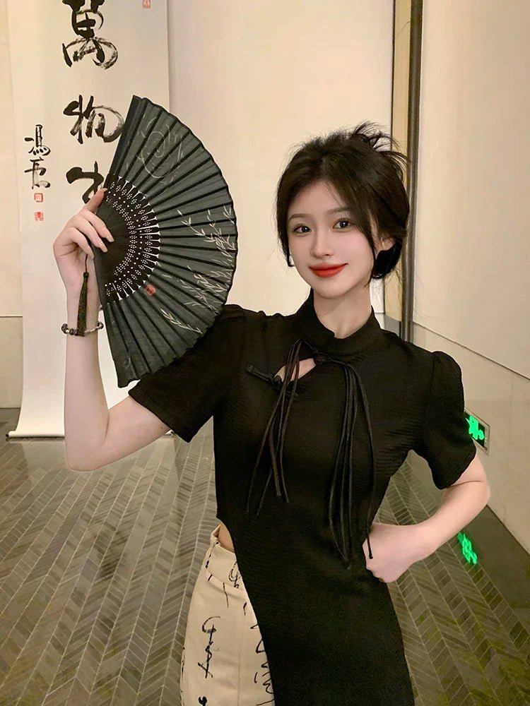 New Chinese Style High Grade Irregular Calligraphy Half Body Dress Fashion Qipao Two Piece Set Skirt Women's Summer Hanfu Suit - Mom & Kids
