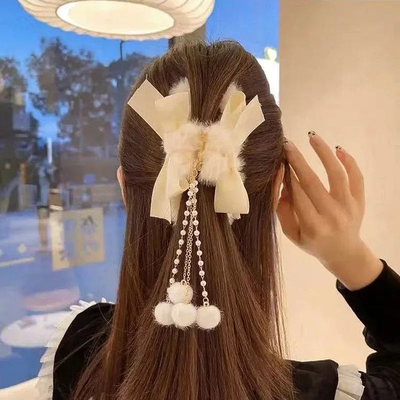 New Elegant Plush Hair Claw Plush Bow Tassel Temperament Girls Women Headdress Shark Clip Winter Accessories Hair Cute - Mom & Kids