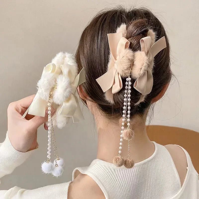 New Elegant Plush Hair Claw Plush Bow Tassel Temperament Girls Women Headdress Shark Clip Winter Accessories Hair Cute - Mom & Kids