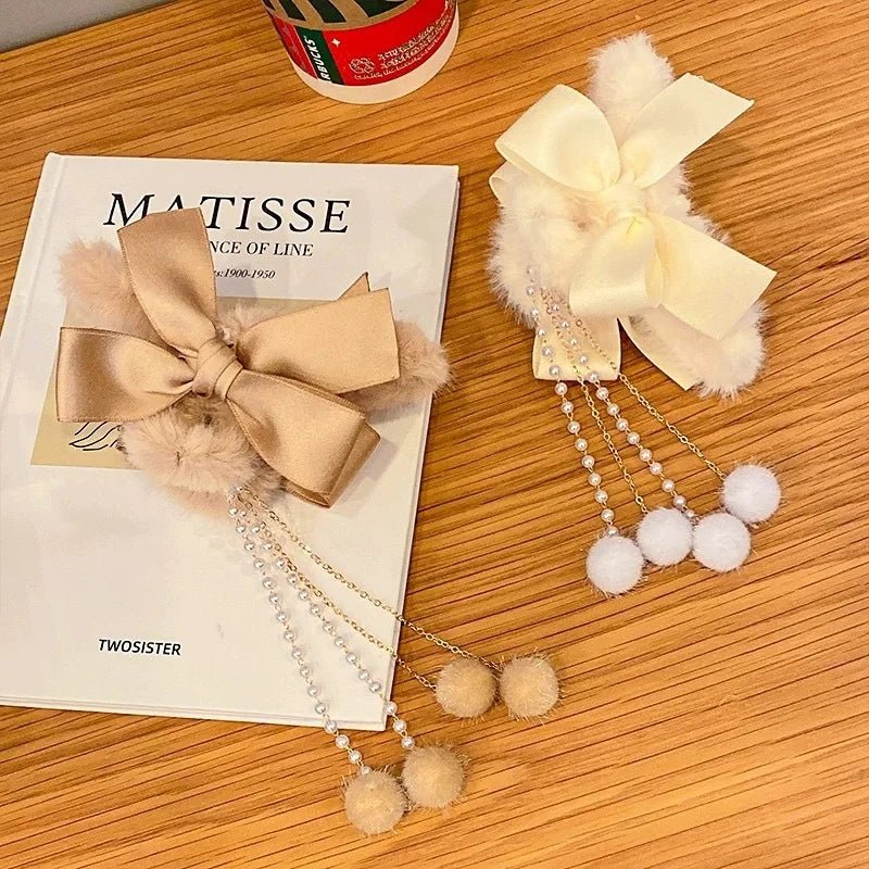 New Elegant Plush Hair Claw Plush Bow Tassel Temperament Girls Women Headdress Shark Clip Winter Accessories Hair Cute - Mom & Kids