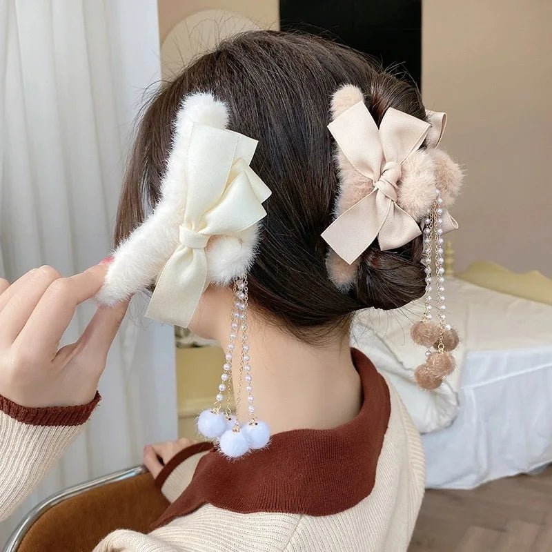 New Elegant Plush Hair Claw Plush Bow Tassel Temperament Girls Women Headdress Shark Clip Winter Accessories Hair Cute - Mom & Kids