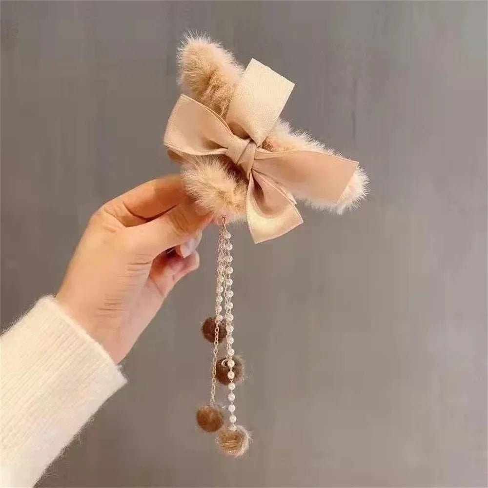 New Elegant Plush Hair Claw Plush Bow Tassel Temperament Girls Women Headdress Shark Clip Winter Accessories Hair Cute - Mom & Kids