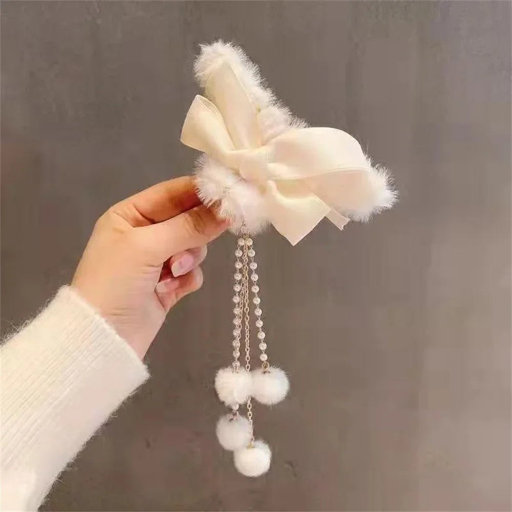 New Elegant Plush Hair Claw Plush Bow Tassel Temperament Girls Women Headdress Shark Clip Winter Accessories Hair Cute - Mom & Kids