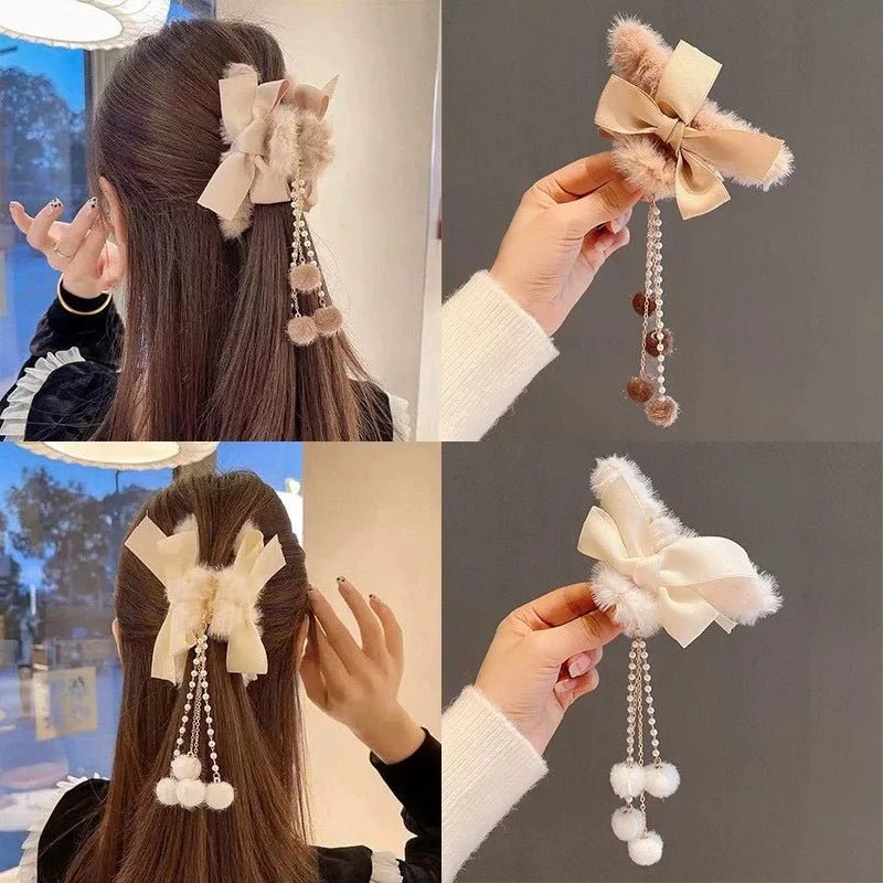 New Elegant Plush Hair Claw Plush Bow Tassel Temperament Girls Women Headdress Shark Clip Winter Accessories Hair Cute - Mom & Kids