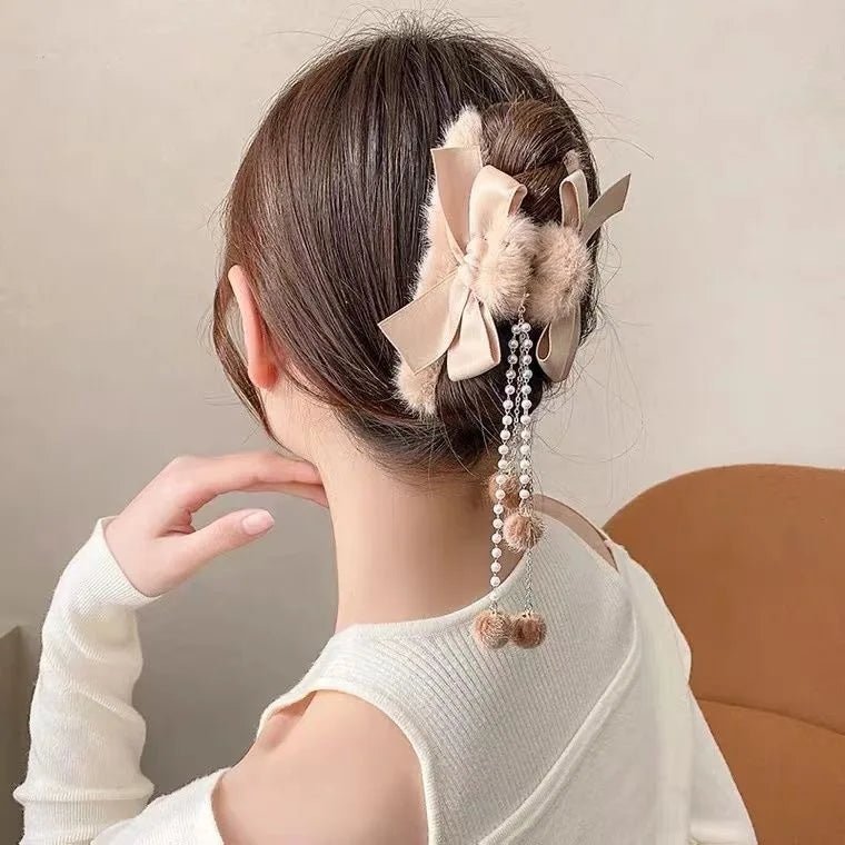 New Elegant Plush Hair Claw Plush Bow Tassel Temperament Girls Women Headdress Shark Clip Winter Accessories Hair Cute - Mom & Kids