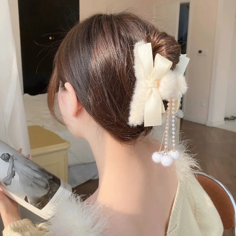 New Elegant Plush Hair Claw Plush Bow Tassel Temperament Girls Women Headdress Shark Clip Winter Accessories Hair Cute - Mom & Kids
