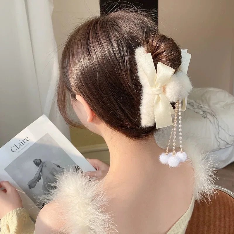 New Elegant Plush Hair Claw Plush Bow Tassel Temperament Girls Women Headdress Shark Clip Winter Accessories Hair Cute - Mom & Kids