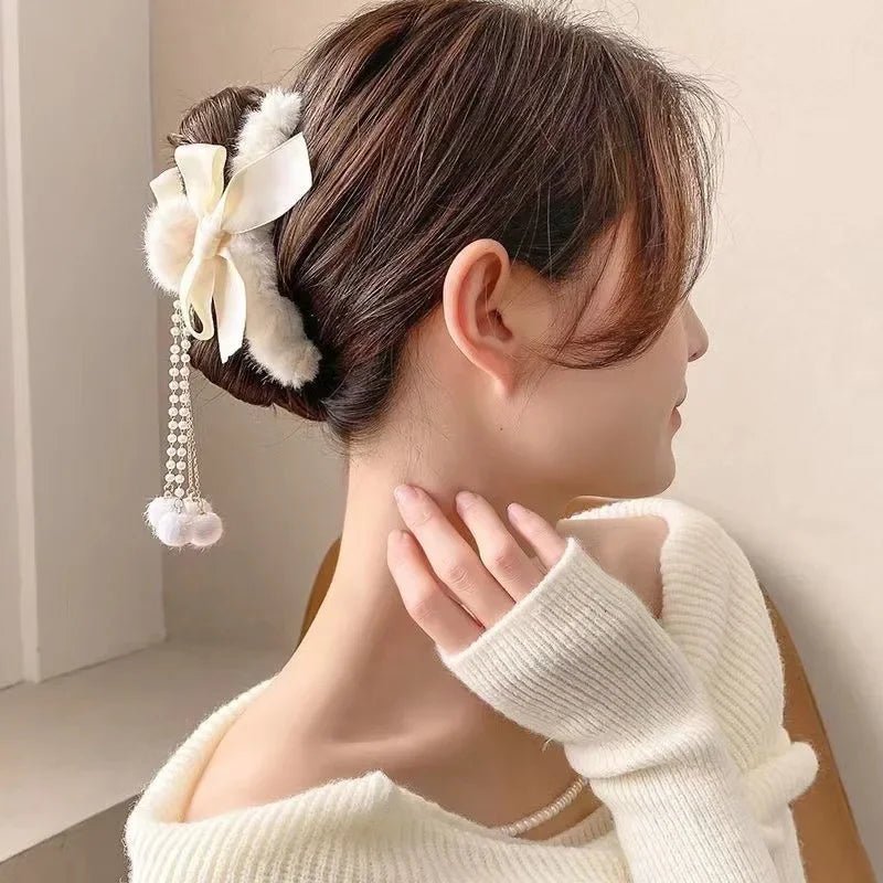 New Elegant Plush Hair Claw Plush Bow Tassel Temperament Girls Women Headdress Shark Clip Winter Accessories Hair Cute - Mom & Kids