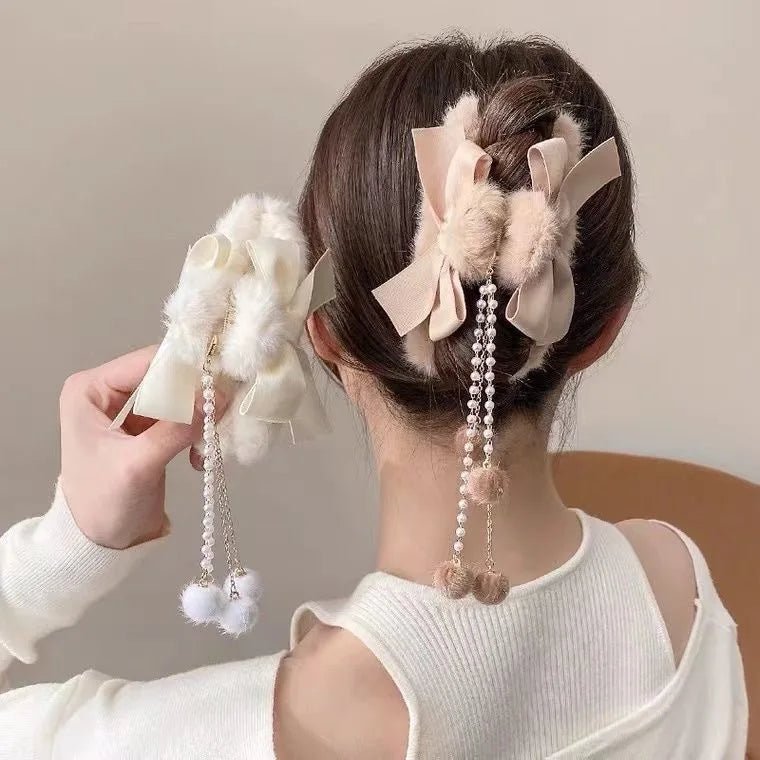 New Elegant Plush Hair Claw Plush Bow Tassel Temperament Girls Women Headdress Shark Clip Winter Accessories Hair Cute - Mom & Kids