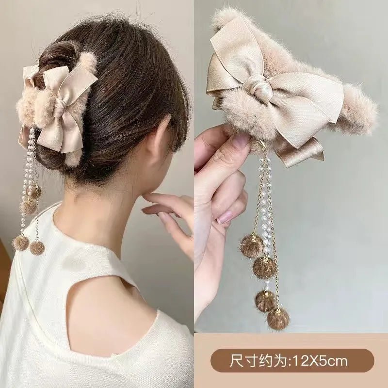 New Elegant Plush Hair Claw Plush Bow Tassel Temperament Girls Women Headdress Shark Clip Winter Accessories Hair Cute - Mom & Kids