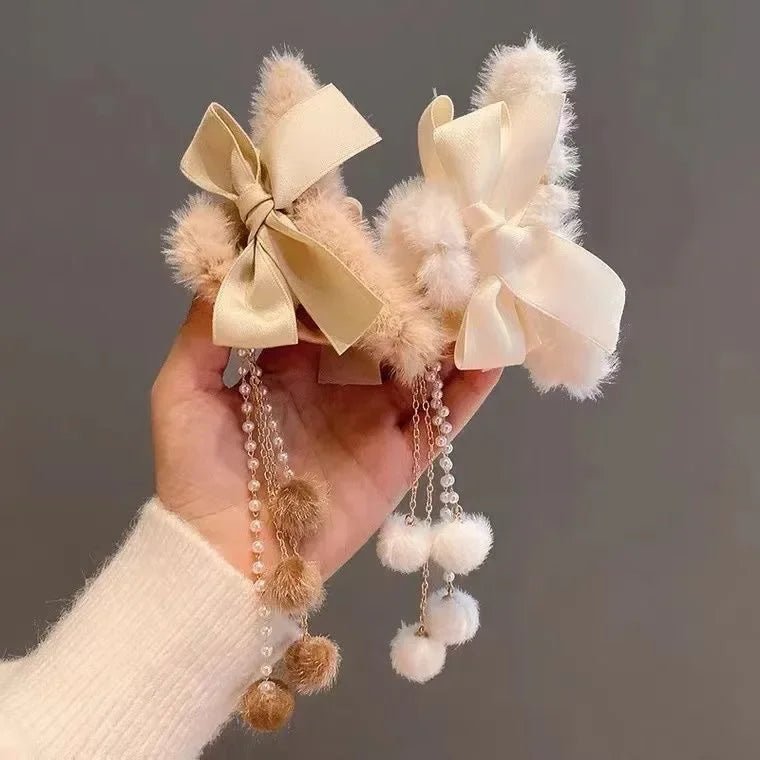 New Elegant Plush Hair Claw Plush Bow Tassel Temperament Girls Women Headdress Shark Clip Winter Accessories Hair Cute - Mom & Kids