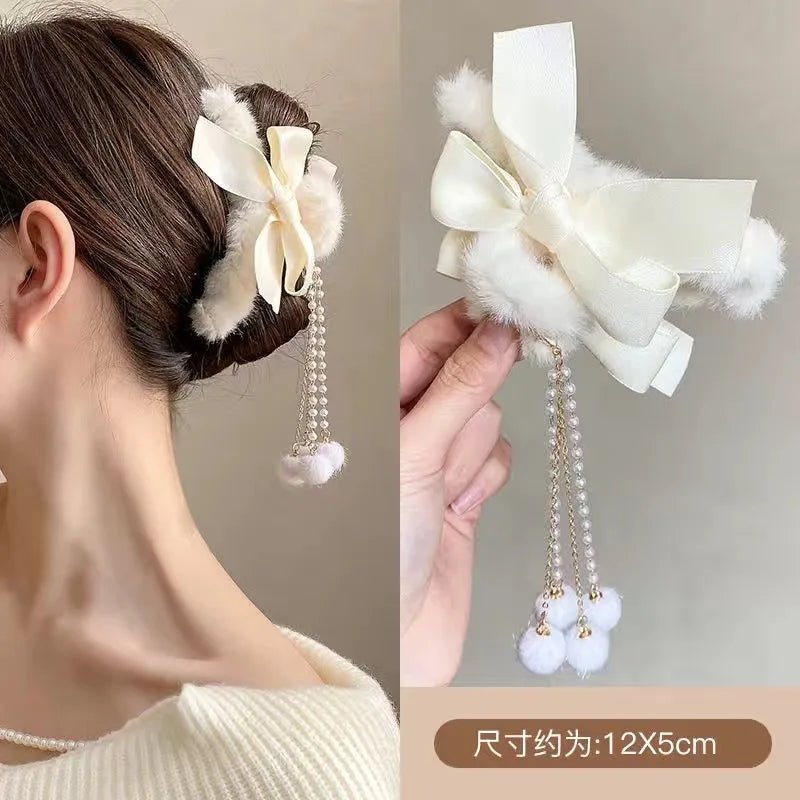 New Elegant Plush Hair Claw Plush Bow Tassel Temperament Girls Women Headdress Shark Clip Winter Accessories Hair Cute - Mom & Kids